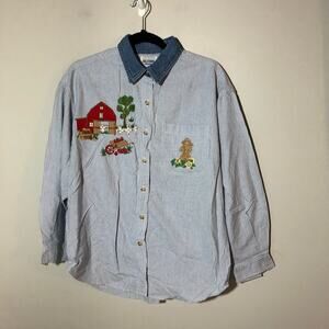 Vintage blue striped womens cotton button up with embroidered barn cow apples L